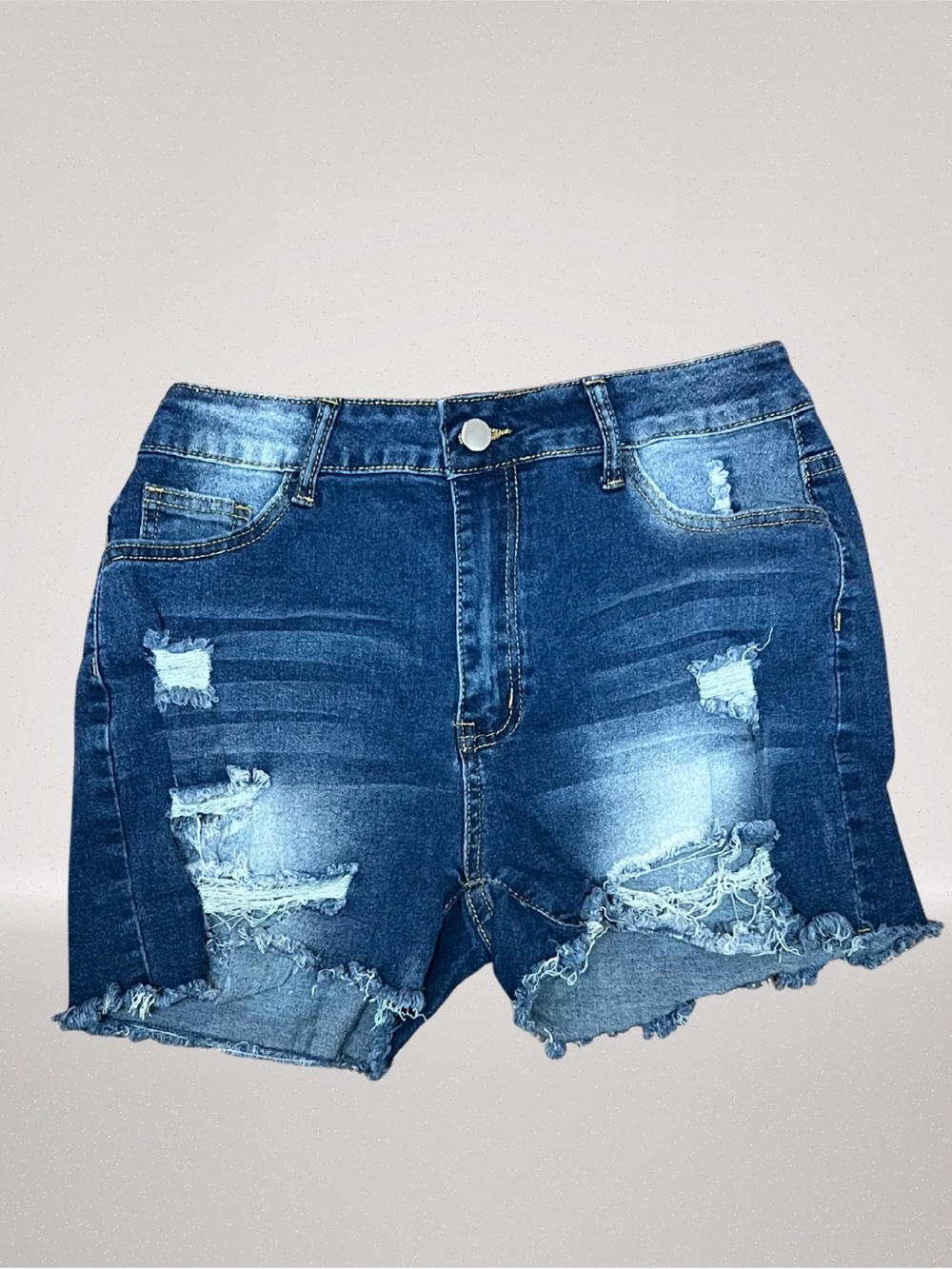 Women’s Size Large Distressed Denim Shorts Frayed Hem Stretch Blue Jean Cutoffs